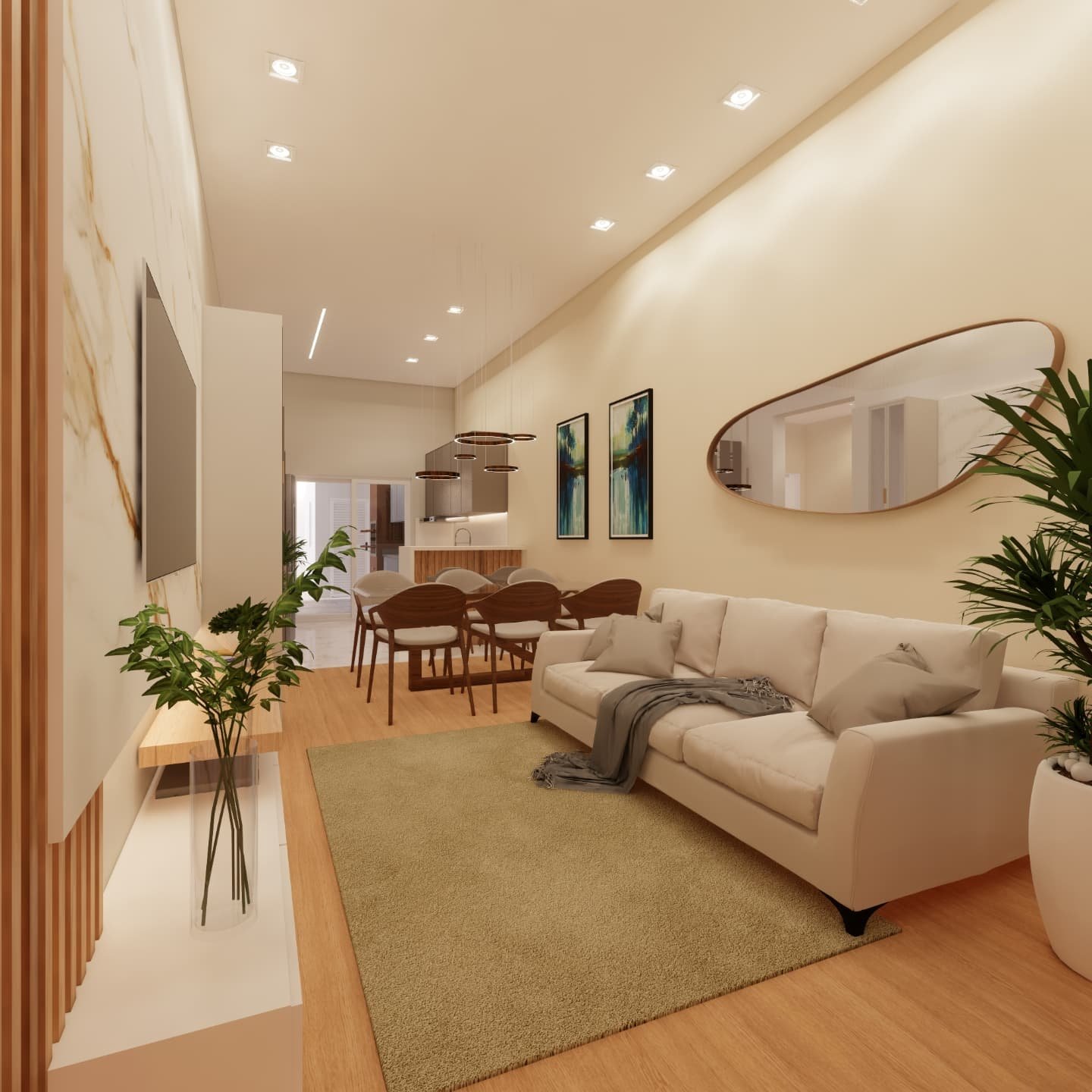 Sala de estar com painel de pedra e sala de jantar ao fundo